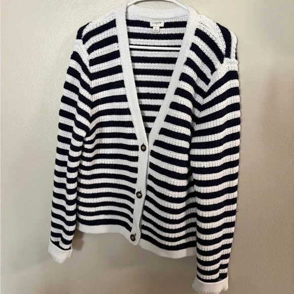 J. Crew Navy and White Striped Cardigan Women’s Large Coastal - Picture 2 of 6